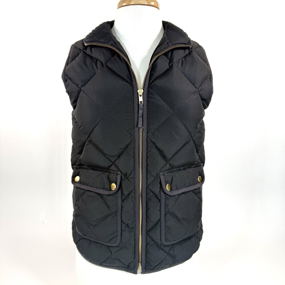 J Crew‎ Quilted Down Puffer Vest Womens XS Black Gold Zip Lightweight